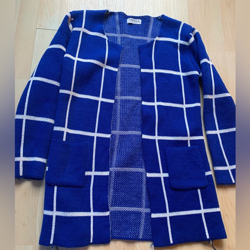 Angela Blue and White Checkered Grid Knit Cardigan